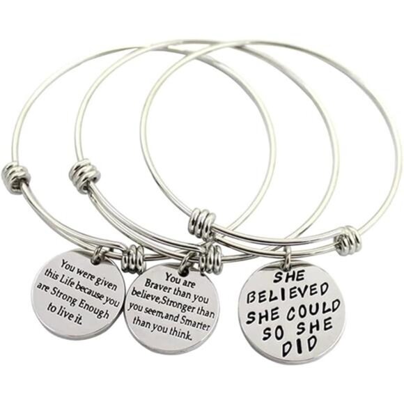 Women Inspirational Bracelet Set 3 Pack Engraved Motivational Adjustable Silver - Picture 8 of 8